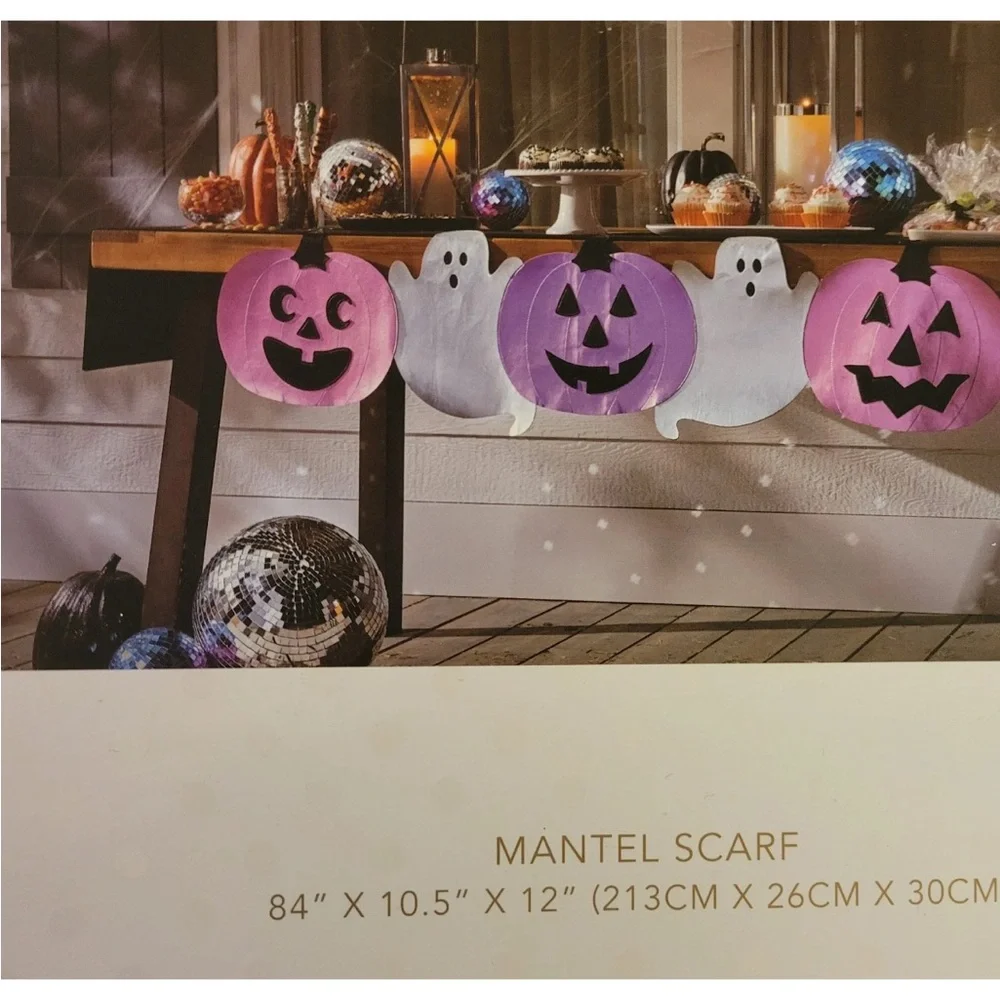 Isaac Mizrahi Halloween Mantel Scarf Jack O Lantern Ghosts Metallic Purple 84